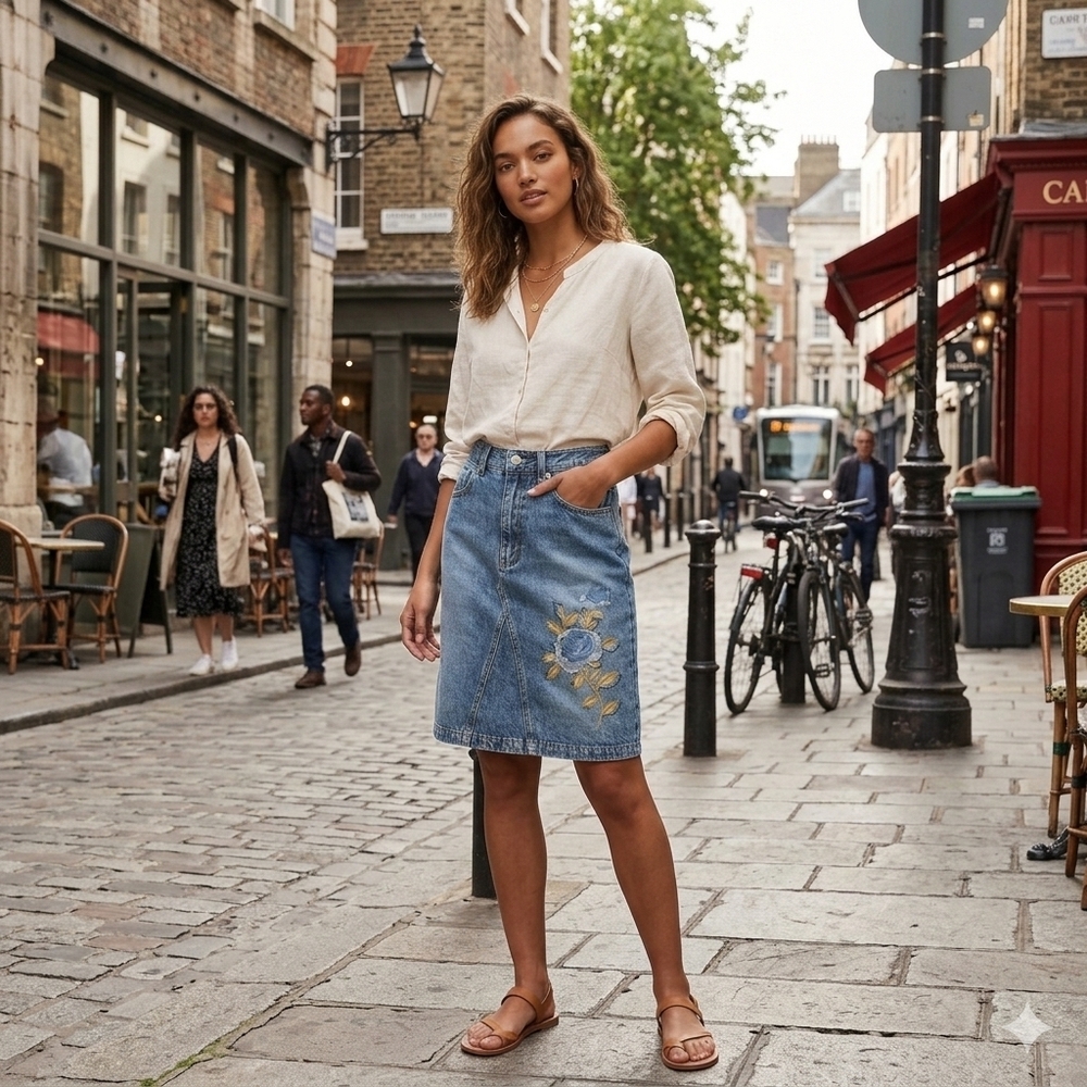 Vintage Y2K Floral Embroidered Denim A Line Knee Length Skirt Boho-Chic
